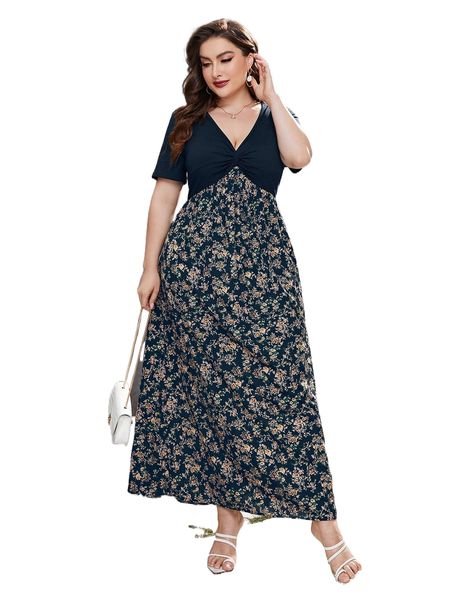 

plus floral print twist front dress 77y9#, Black