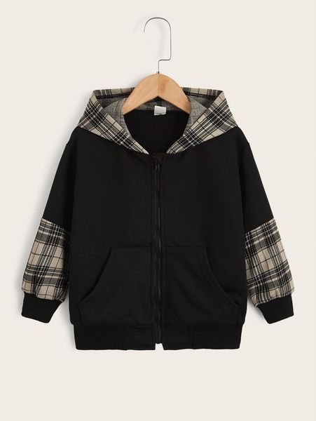 

toddler boys zip up colorblock plaid kangaroo pocket hoodie she, Black