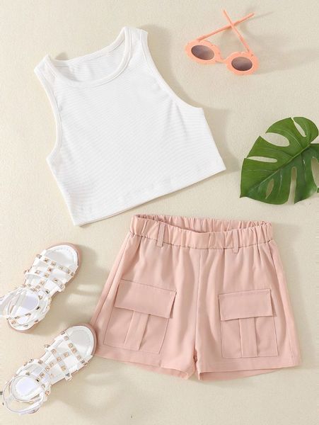 

girls tank & flap pocket shorts she, White