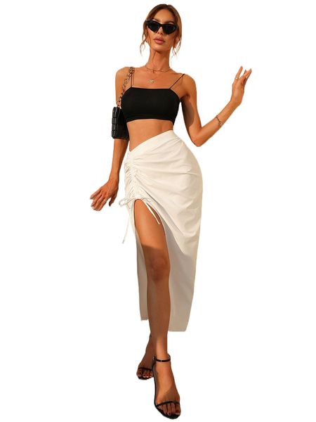 

solid drawstring side split thigh skirt s6c7#, Black