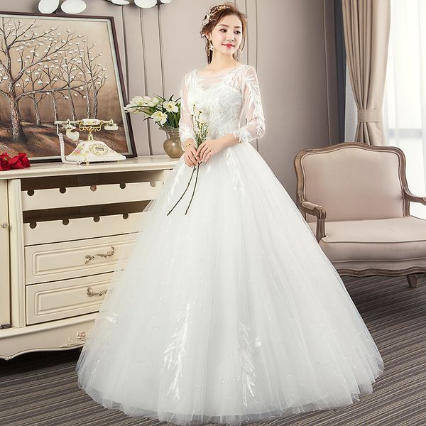 Bescheidene chinesische Brautkleider mit langen Ärmeln, U-Ausschnitt, Spitze, appliziertes Brautkleid, bodenlang, bauschiger Rock, Prinzessin, Vestidos D289d