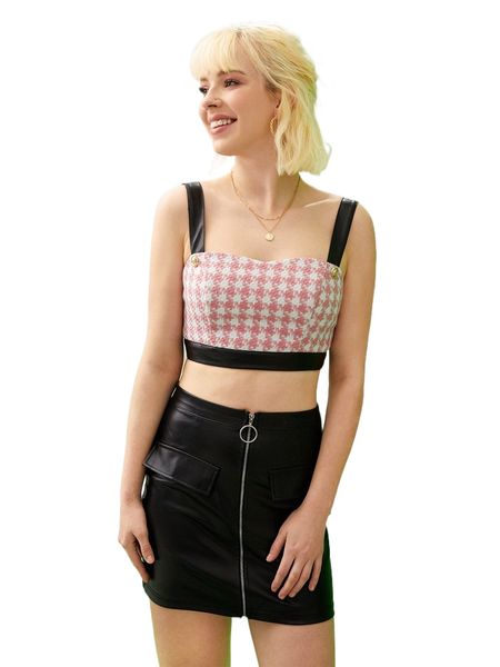 

x sterling houndstooth print contrast binding tweed cami 92uj#, White