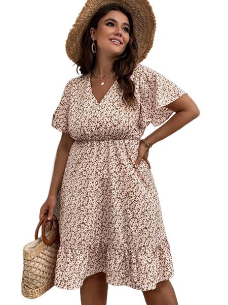 

plus all over floral print ruffle hem dress k8oz#, Black