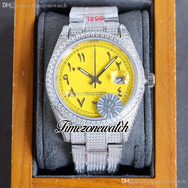 

rf 40mm date eta a2824 automatic mens watch paved diamond yellow dial arabic script fully iced out 904l stainless steel bracelet jewelry wat, Slivery;brown