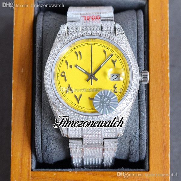 RF 40mm Data ETA A2824 Relógio masculino automático de diamante pavimentado Dial amarelo Script árabe totalmente gelado 904L Jóias de pulseira de aço inoxidável Relógios do fuzão horário F03B2