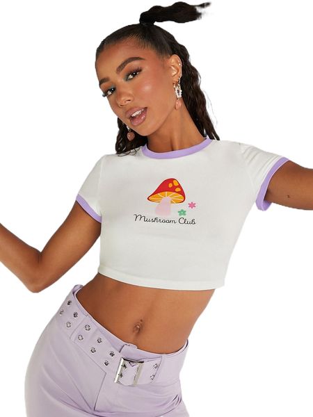 

mushroom & slogan graphic contrast trim crop tee o2sy#, White