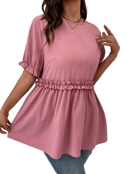 

plus puff sleeve frill trim peplum blouse e5oi#, Black