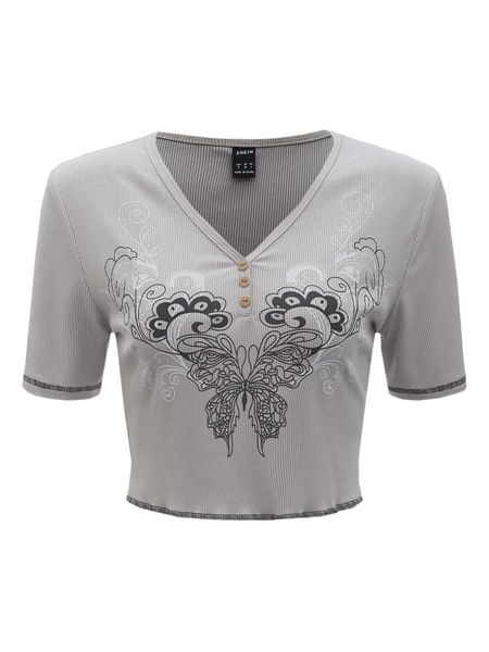 

butterfly print stitching button detail tee u5y5#, White