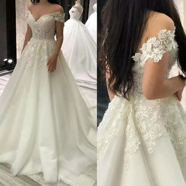

gorgeous wedding dresses bridal gown sweep train off the shoulder neck straps lace beaded custom made plus size beach garden vestido de novi, White