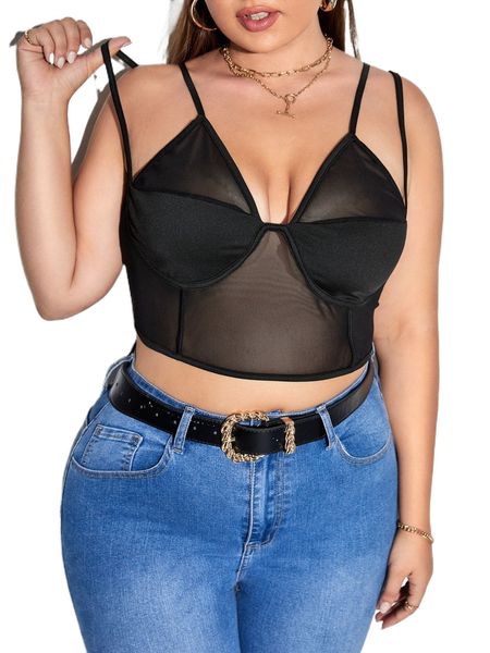 

plus double strap bustier mesh crop cami q5jb#, Black