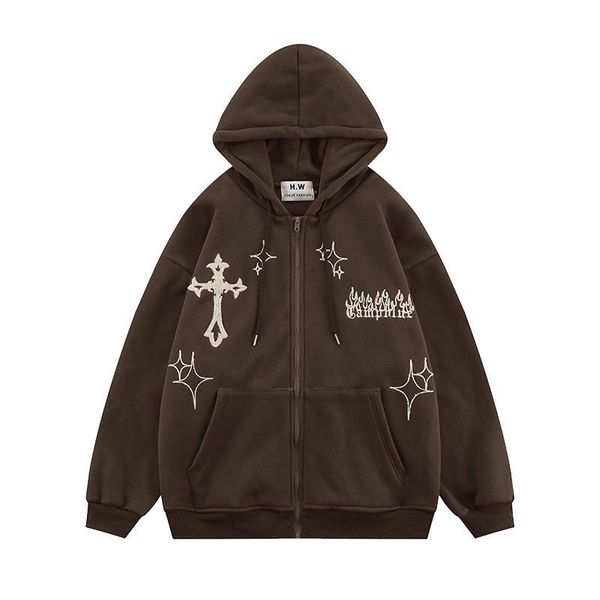 

men's hoodies & sweatshirts embroidery men zip up long sleeve loose sweatshirt hip hop harajuku retro hoodie clothes y2k casual street, Black