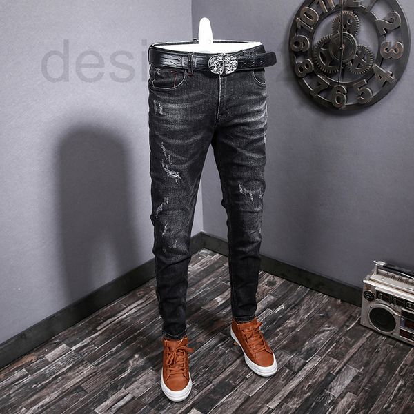

men's jeans designer 2021 new men's jeans trend black personality scraping slim fit korean wash pants men 43t7, Blue