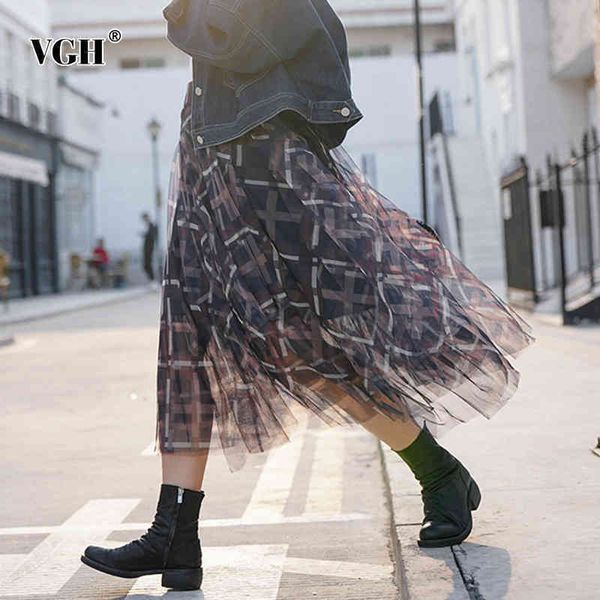 

korean hit color plaid patchwork mesh skirt for women high waist a line midi casual skirts female fashion clothes style 210507, Black