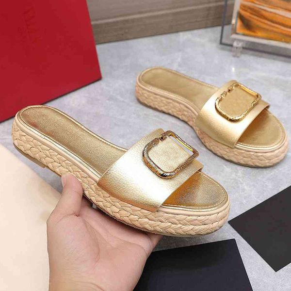 

gold platform slides slippers fashion metal buckle real leather 2cm straw luxury women slider sandals summer flip flops, Black