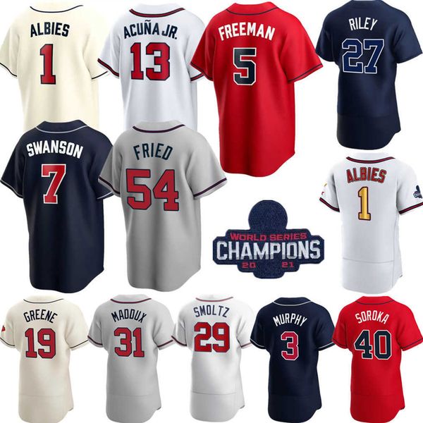 

2022 custom 13 ronald acuna jr. jerseys ozzie albies 5 freddie an 7 dansby swanson austin riley bravee jones soroka smoltz atlanta men, Black