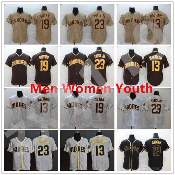 

2020 baseball men 13 manny machado jersey 23 fernando tatis jr 19 tony gwynn pinstripe brown white black home away flexbase cool base, Blue;black