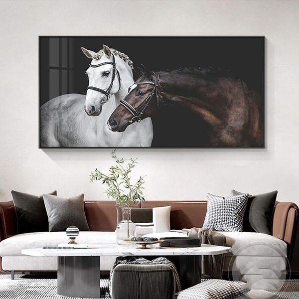 Dois cavalos pôsteres e estampas de tela pintando imagens de arte de parede para sala de estar decoração moderna decoração de animais pintura a óleo na tela