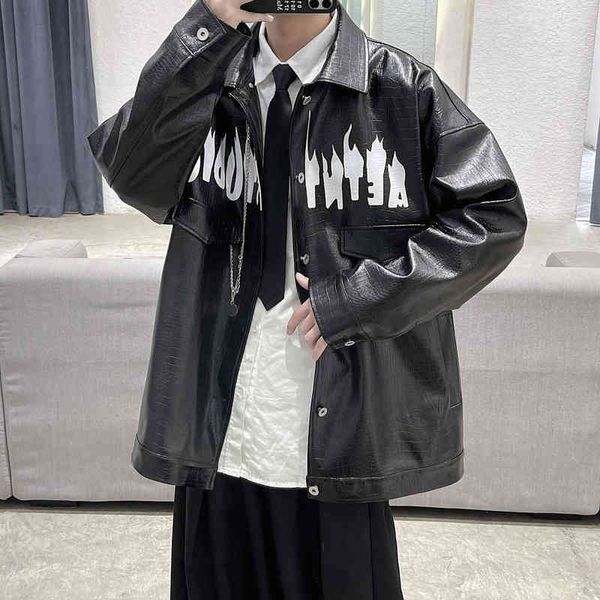 

2021 men's loose pu leather white/black color russian jacket printed faux fur coats hip hop style lapel collar outerwear m-2xl t220728