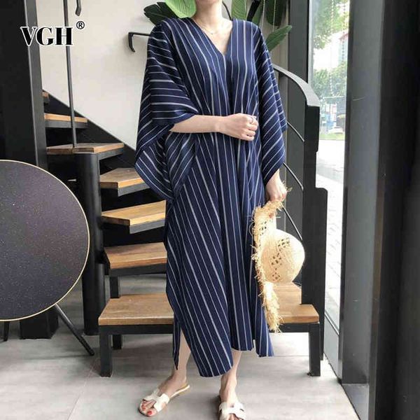 

loose striped dress for women v neck batwing sleeve casual midi elegant dresses female fashion clothing summer 210507, Black;gray