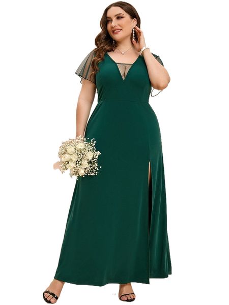 

plus contrast dobby mesh split thigh dress l6gs#, Black