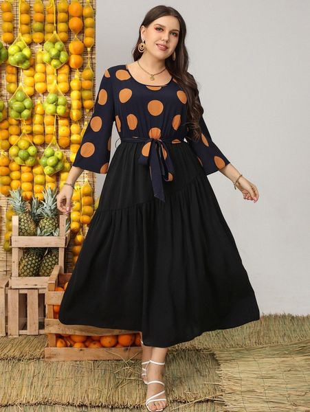 

plus polka dot ruffle hem belted dress c7qm#, Black