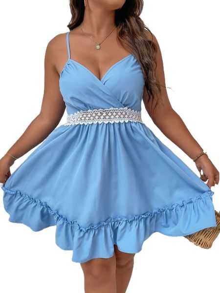 

plus contrast guipure lace shirred back ruffle hem cami dress a7xt#, Black