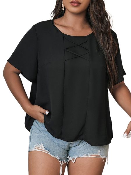 

plus solid flutter sleeve blouse y4hv#, Black