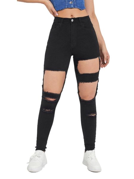 

high waisted cutout ripped skinny jeans l4fs#, Blue