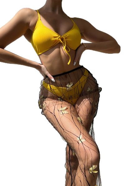 

3pack plain rib tie front bikini swimsuit & butterfly decor beach skirt d0oo#, White;black