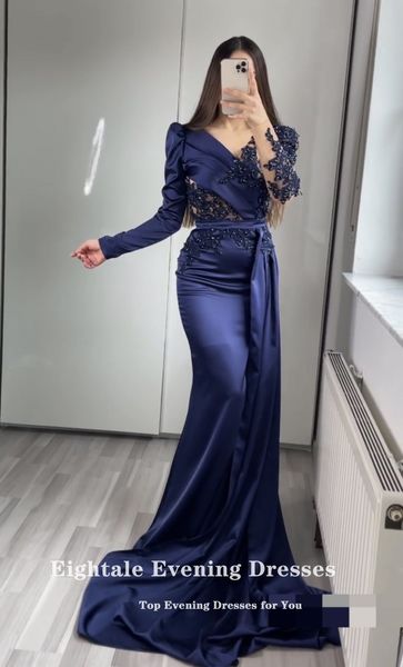 

blue evening dress for party satin beaded pearls long sleeves pleats elegant mermaid prom gowns celebrity dress, Black