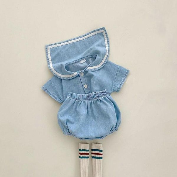 Conjuntos de roupas verão bebê gola marinha roupas conjunto crianças meninas manga curta denim tops shorts 2 pçs terno bonito menino outfitsclothing