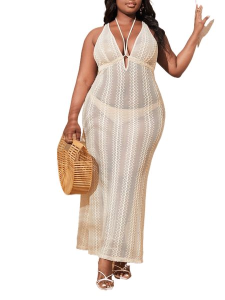 

sxy plus sheer mesh halter tie back dress without panty f4ua#, Black