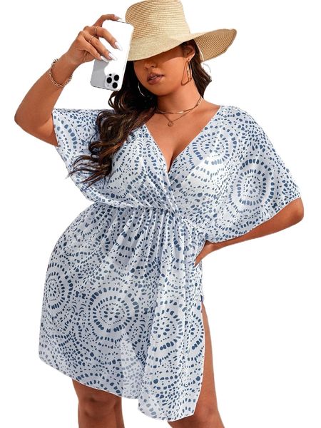 

plus circle pattern split mesh cover up 45ii#, Black