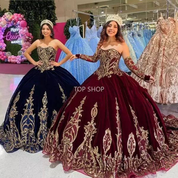 Nuovo corsetto bordeaux Abiti Quinceanera con maniche lunghe rimovibili Applique in velluto Abito dolce 16 Abiti non definiti da 15 anos