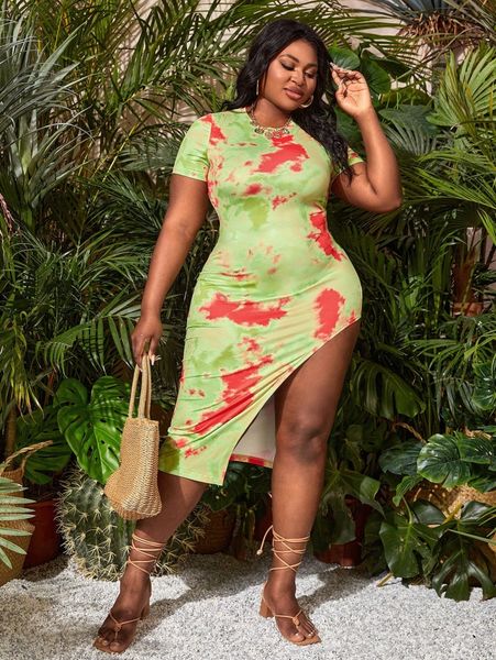 

sxy plus tie dye split thigh dress y9oa#, Black