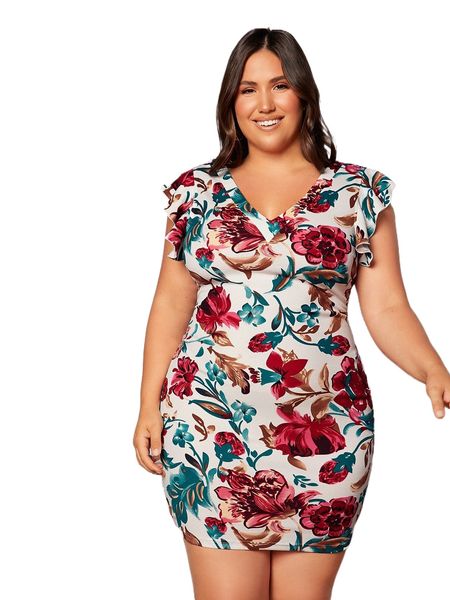 

plus floral print ruffle trim bodycon dress o33w#, Black