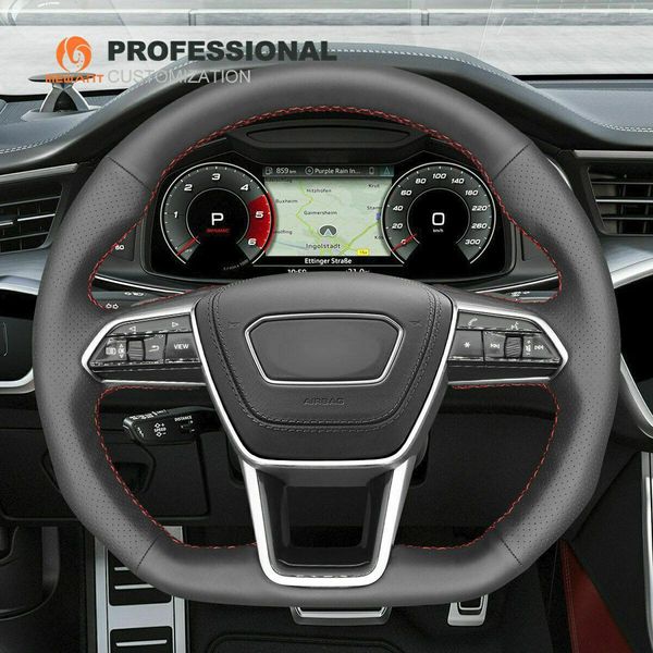 

diy custom black genuine leather steering wheel cover for audi a6 (avant) a7 k8