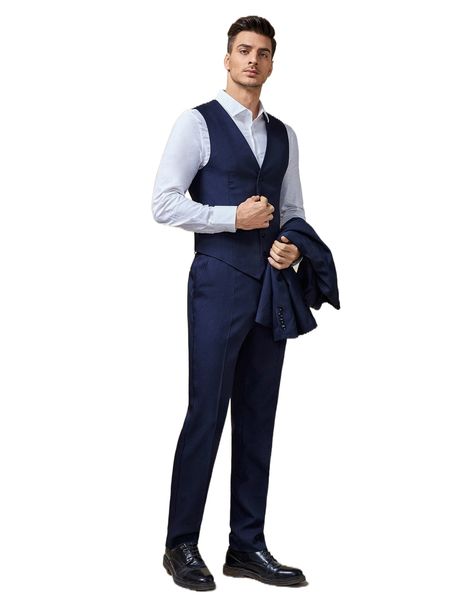 

men lapel collar solid blazer and pants set with vest 81ja#, White;black
