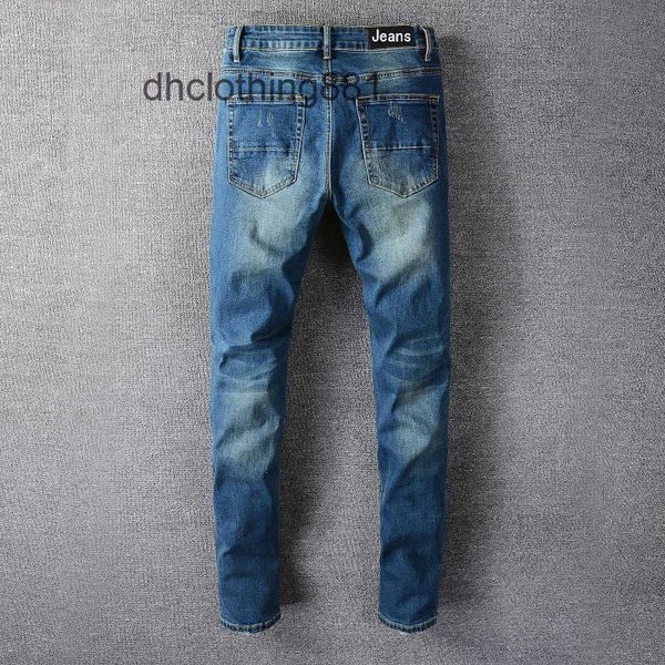

european and american designer men jeans pants trend amirs men's knee patch slim legged jeans 670, Blue