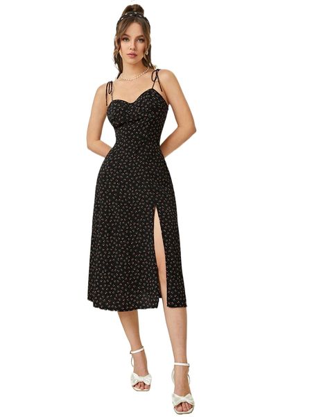 

ditsy floral knot shoulder shirred back split thigh slip dress r2sq#, Black;gray