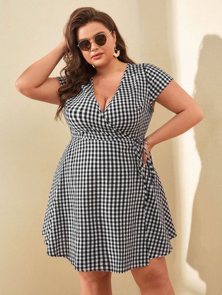 

plus gingham wrap knot side dress z6rn#, Black