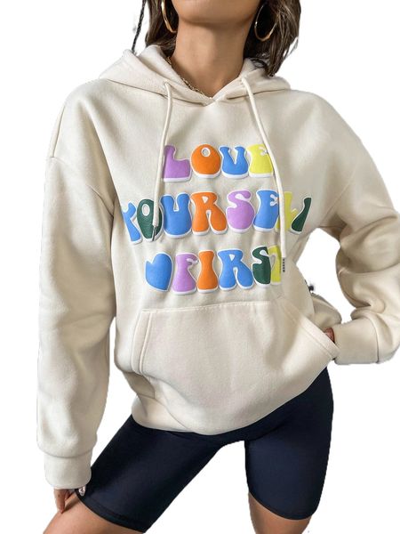 

slogan graphic drop shoulder drawstring hoodie r0qf#, Black