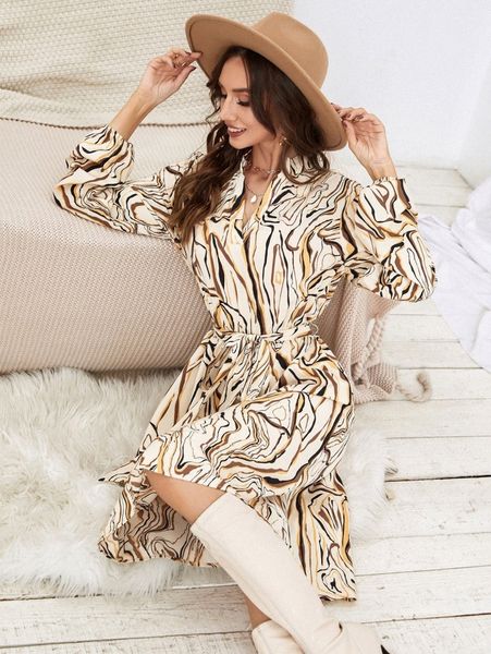 

allover print lantern sleeve notched neck belted dress u3v0#, Black;gray