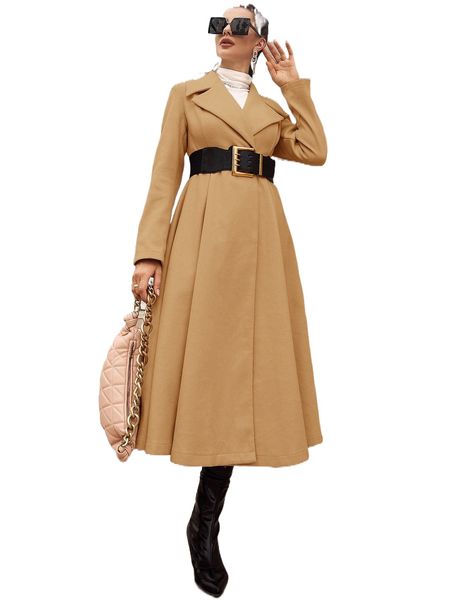 

lapel collar longline overcoat without belt a1u1#, Black