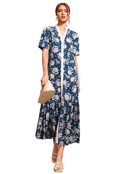 

notch neck floral & paisley print smock dress g85l#, Black;gray