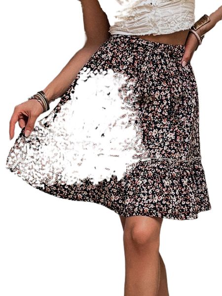 

ditsy floral knot front ruffle hem skirt c08s#, Black
