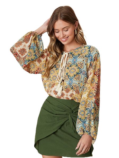 

mandala print tassel tie neck lantern sleeve blouse y4ka#, White