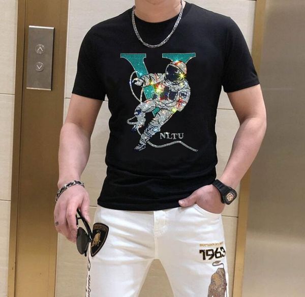 

rhinestone men's t shirt high-end new designer brand luxury fashion tees casual, White;black