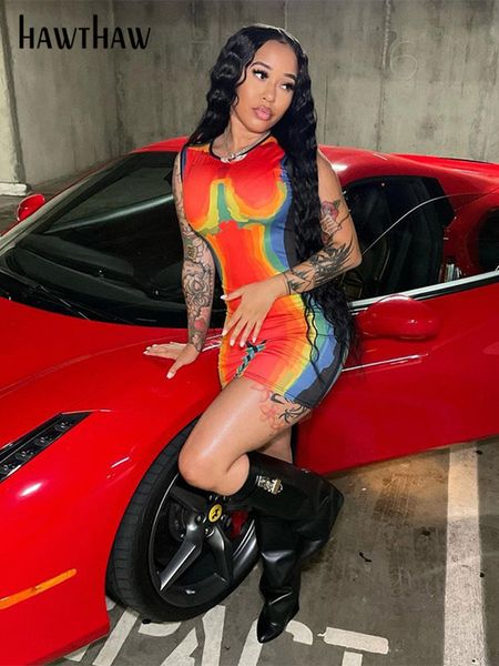 

hawthaw women fashion sleeveless printed bodycon party club red tank mini dress 2022 summer clothes wholesale items for business, Black;gray