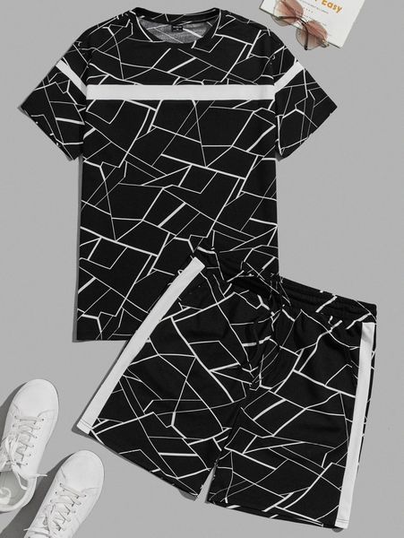 

men geo print tee & drawstring track shorts set r2bi#, Gray